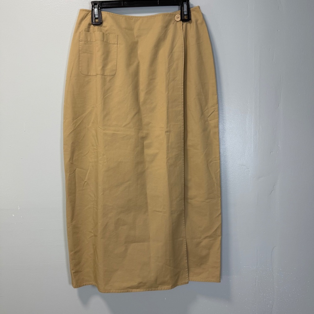 Vintage 90a Y2K Liz Claiborne Liz Sport Petite Khaki Cotton Wrap Midi Skirt 12P